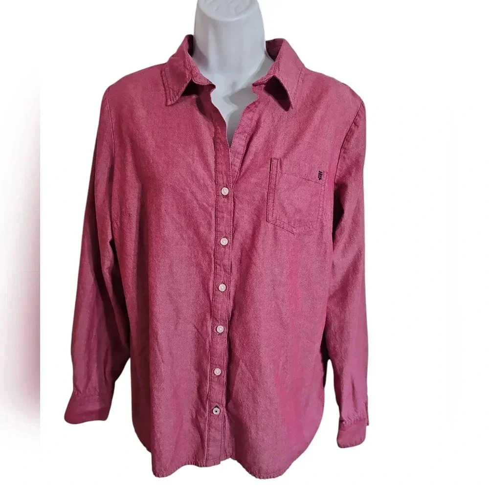 Tommy Hilfiger Women L Burgundy Cotton Speckled Button Down Essential Preppy - Picture 2 of 7